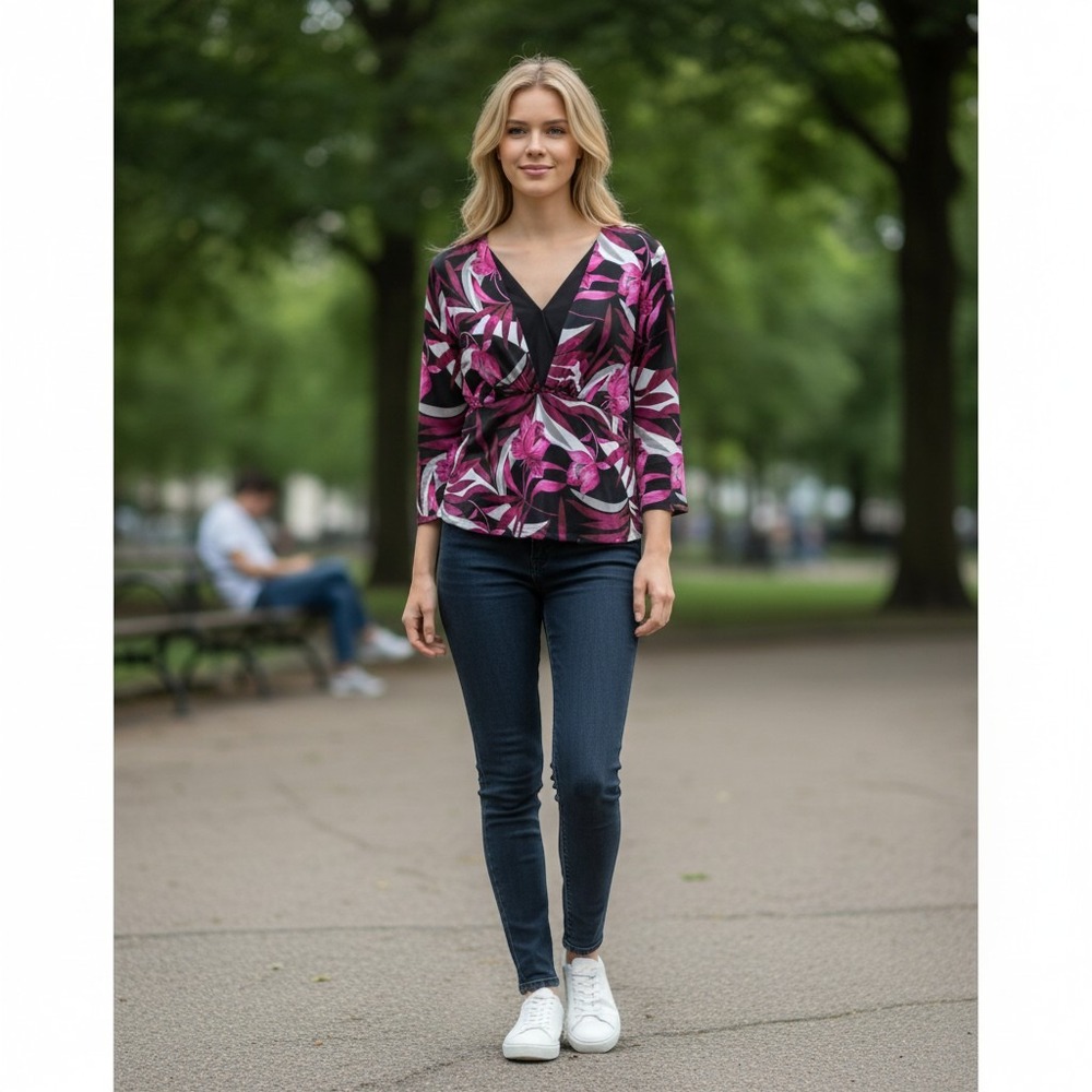 New Directions Floral Faux Wrap V-Neck 3/4 Sleeve Blouse Black Magenta XL/#26815